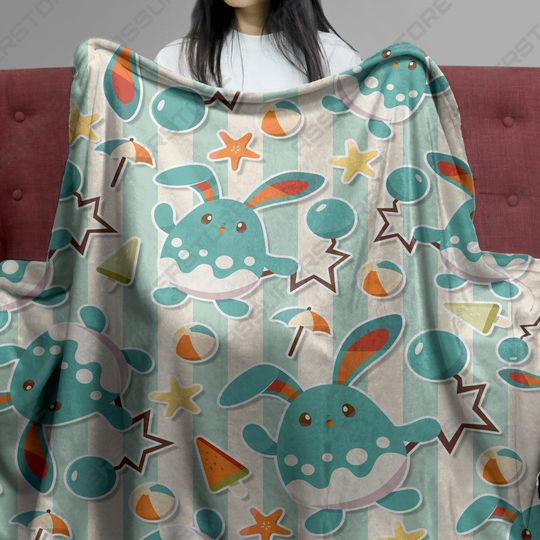 Aqua Rabbit Fleece Blanket, Cozy Throw Blanket, Soft Cotton Fleece Blend Bedding, Birthday Gift, Christmas Home Decor