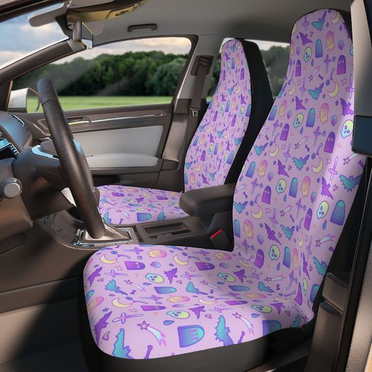 Discover Kawaii Witch Spooky Cute Car Seat Covers, Pastel Witchy Car Decor, Creepy Cute Pastel Bats Ghosts Halloween Seat Covers, Pastel Goth Car