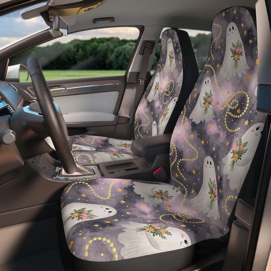 Halloween Coquette Set of 2 Car Seat Covers, Pink Bows, Ghosts & Hearts, Kawaii Girly Car Decor, Spooky Cute Auto Accessories for Women