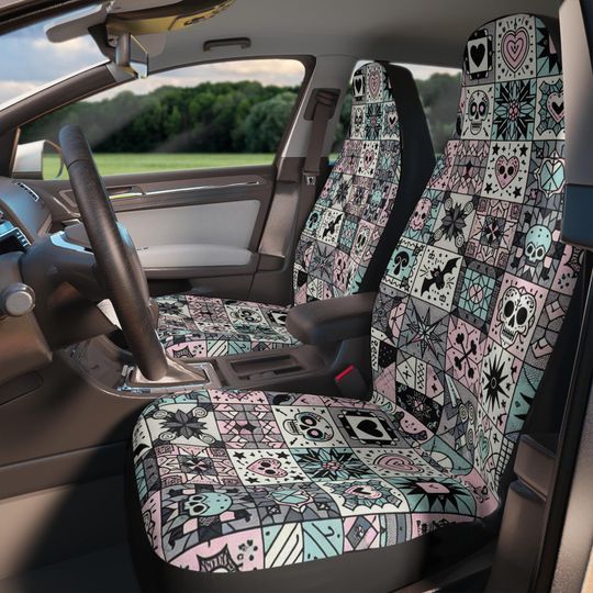 Pastel Goth Car Seat Covers: Skull Patchwork, Halloween Decor - Set of Two