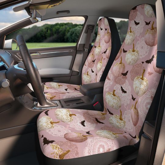 Coquette Pumpkin Set of 2 Car Seat Covers, Pink Bows, Ghosts & Hearts, Kawaii Halloween Car Decor, Spooky Cute Auto Accessories for Women