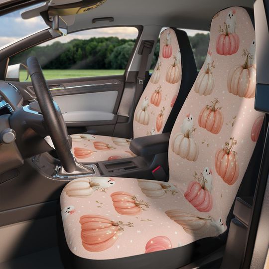 Coquette Pumpkin Set of 2 Car Seat Covers, Pink Bows, Ghosts & Hearts, Kawaii Halloween Car Decor, Spooky Cute Auto Accessories for Women