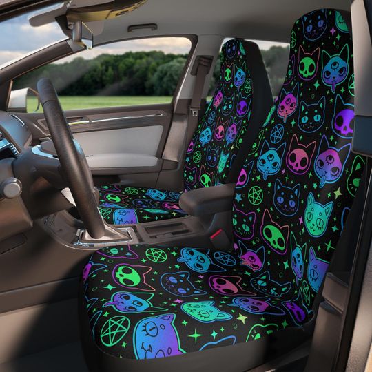 Discover Neon Gothic Car Seat Covers | Set of 2 Universal Fit, Weirdcore Inspired Halloween Gothic Car Accessories Aesthetic Goth Car Accessories