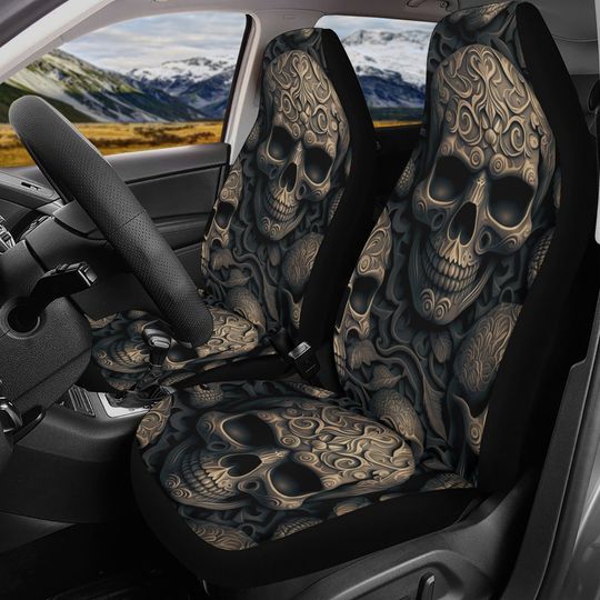 Discover Horror car shifter gear cover, hooded skull floor mat for car, gothic skull seat cover for truck, Spooky Halloween mat for car, reaper skull