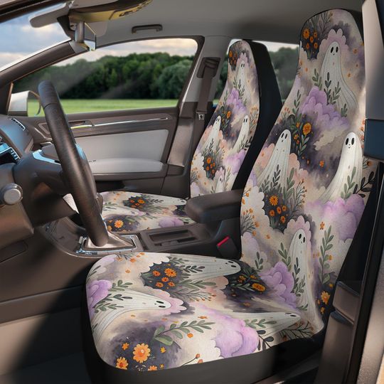 Discover Halloween Coquette Set of 2 Car Seat Covers, Pink Bows, Ghosts & Hearts, Kawaii Preppy Car Decor, Spooky Cute Auto Accessories for Women