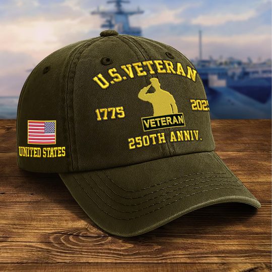 Embroidered Military Veteran Hats - 250th Anniv. Veteran Caps, Military Retired Hats