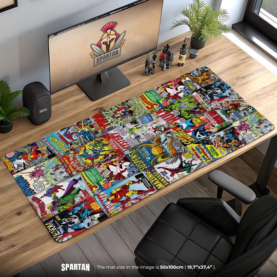Marvel Comic Book Desk Mat  Retro Hero Collage Mouse Pad with Spider-Man, Thor, Hulk, Iron Man, Avengers Decor Gift