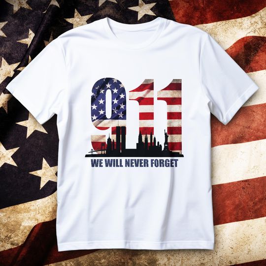 We Will Never Forget Tee - 9/11 Memorial Shirt - American Flag Patriot Tee with NYC Skyline
