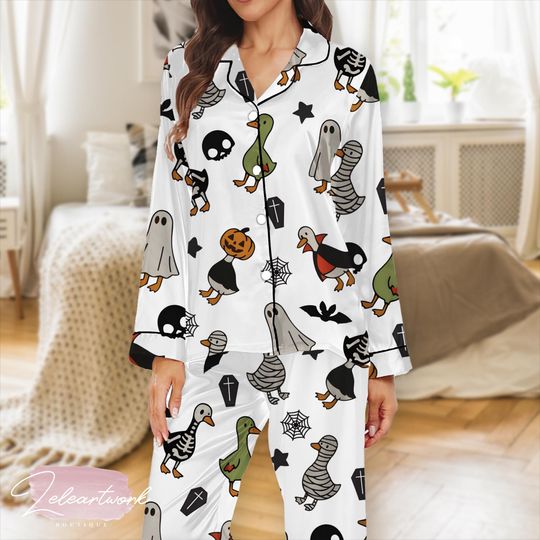 Spooky Goose Pajama Set  Funny Halloween Satin Sleepwear with Ghost, Pumpkin & Skeleton Goose Print for Women