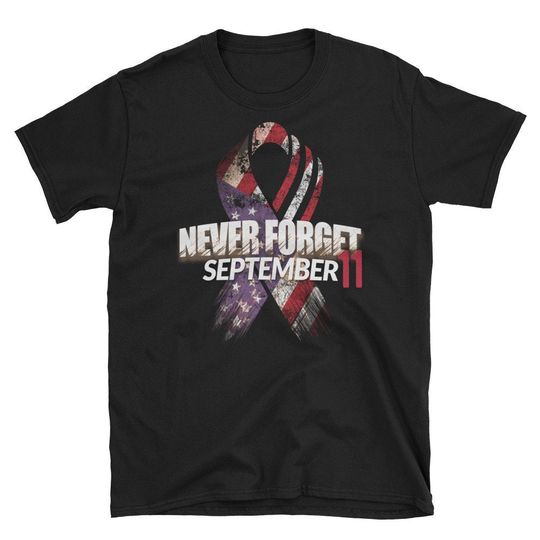 Discover 911 Memorial Shirt - September 11 Ribbon We Will Never Forget T Shirt - Distressed Patriot Day Short-Sleeve Unisex T-Shirt