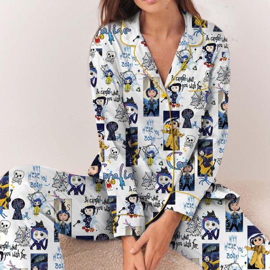 Coraline Halloween Pajamas Set Long, Coraline Fan Tee, Spooky Character Pajamas