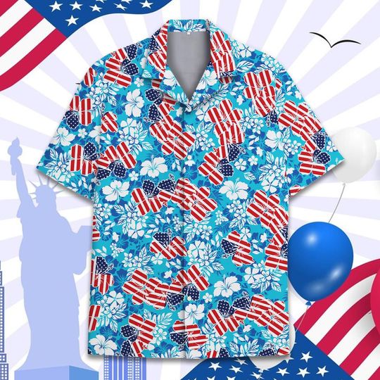 Tropical Patriotic Hawaiian Shirt, 4th of July Button-Down Short Sleeve , American Flag Shirt, Independence Day Outfits