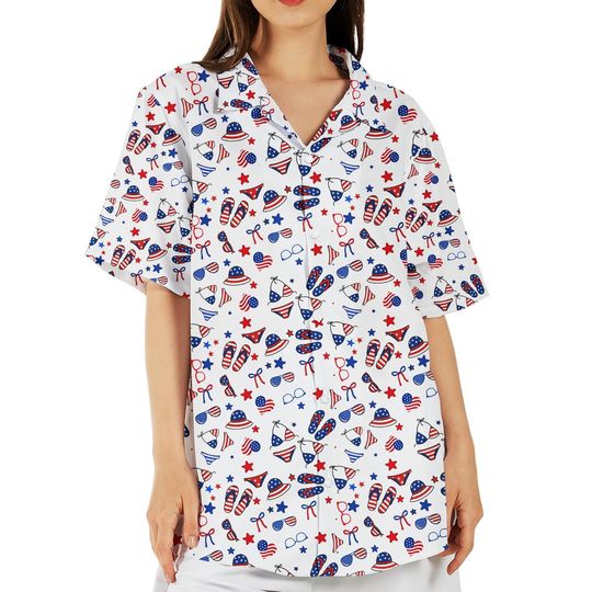 4th of July Womens Hawaiian Shirt, Patriotic Red White Blue Summer Button Down, USA Flag Print Short Sleeve Holiday Shirt