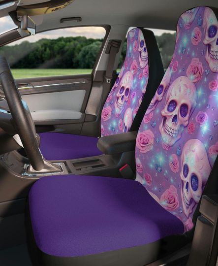 Pastel Skull Roses Car Seat Covers - Skull Auto Decor|Gothic Style|Unique Gifts|Halloween Inspiration|Trendy Car Accessories