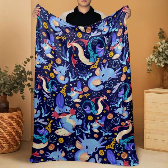 Discover Mudkip and Horsea Fleece Blanket, Soft Cozy Throw Blanket, Cotton Baby Blanket, Bedroom Home Decor, Family Blanket, Birthday Gift