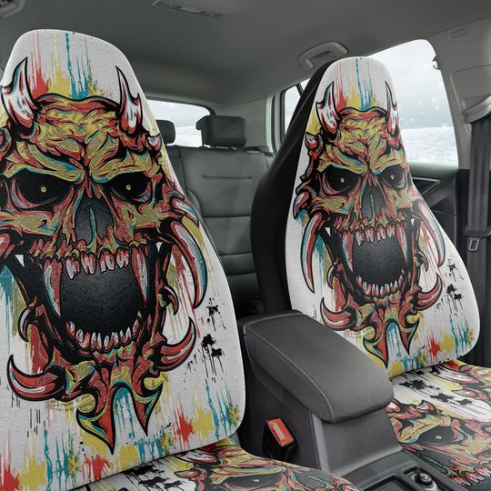 Discover Skull Demon Car Seat Covers Set of 2, Universal Fit. Gothic Horror Car Interior, Durable Car Covering, creepy spooky car, heavy metal gift