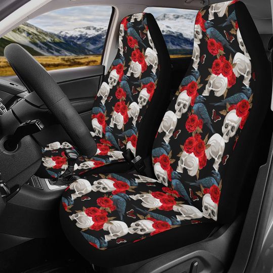 Discover Skull Car Seat Cover car mat full set, Halloween car seat cover mat, Floral skull seat cover for car gothic skull mat seat protector for car