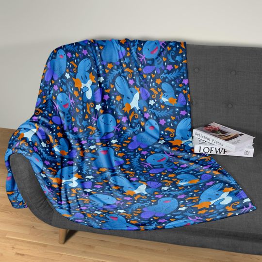 Discover Wooper and Quagsire Blanket, Fleece Cotton Throw Blanket, Cozy Blue Bed Sofa Decor, Kawaii Axolotl Style Blanket, Wooper Blanket Gifts