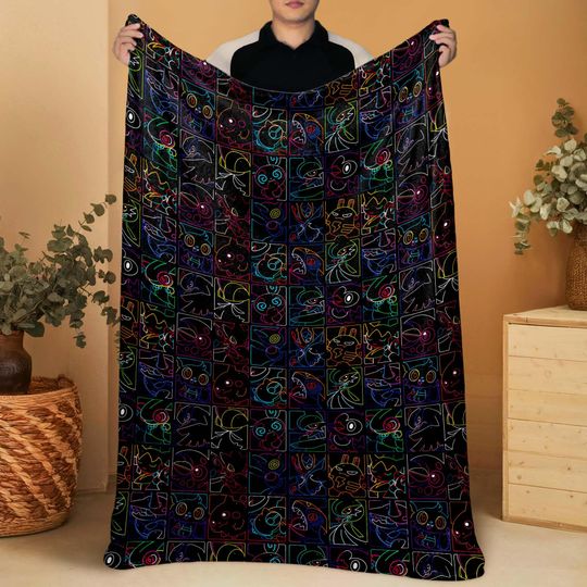 Discover Pika and Porygon-Z Blanket, Neon Style Throw Blanket, Soft Cotton Fleece Blanket, Cute Home Decor Gift, Pika Blanket Gifts