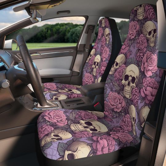Skulls Gothic Car Seat Covers For Car, Floral Skulls Pastel Gothic Car Accessories Women, Witchy Anime Goth Horror Car Decor, Spooky Cute