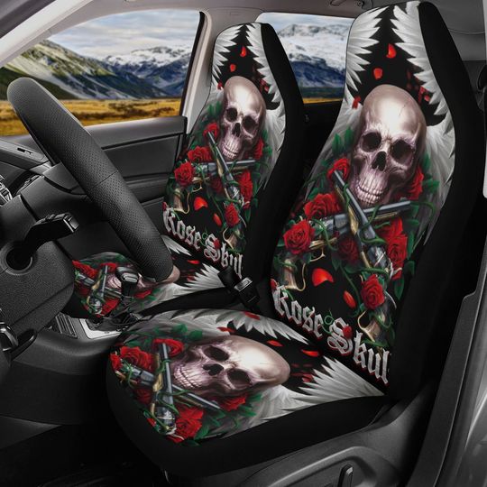 Discover Rose Skull Seat Cover for car, skull rug for car, Skeleton skull car seat cover mat, Halloween skull evil car seat cover skull mat for car