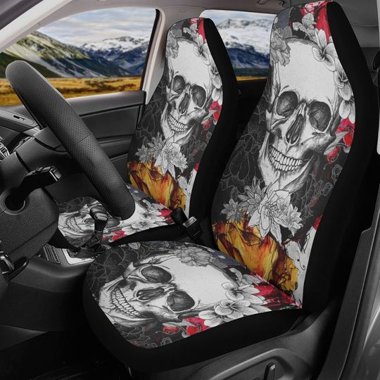 Discover Skull Car Seat Cover car mat full set, Halloween car seat cover mat, Floral skull car mat, skeleton gothic skull car mat seat protector