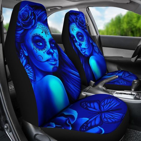 Discover Calavera (Day Of The Dead / Dia De Los Muertos) Halloween Skull Design #2 Pair Of Micro Fiber Car Seat Covers (Blue Elusive Rose)