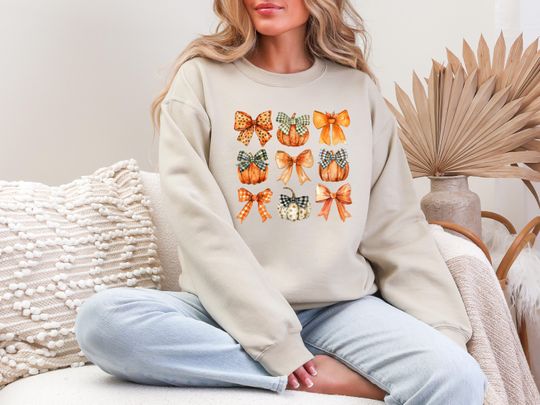 Discover Girly Coquette Bow Sweatshirt, Retro Fall Thanksgiving Pumpkin Graphic Hoodie