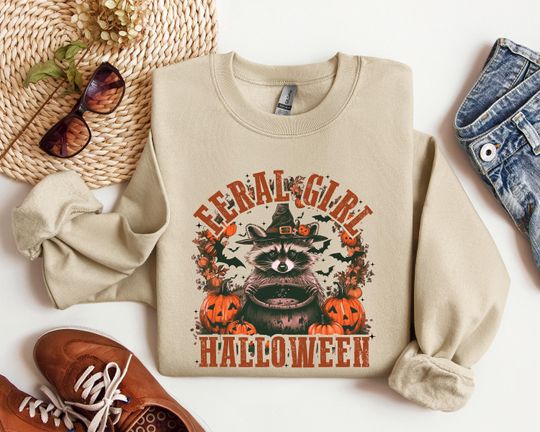 Discover Feral Girl Halloween T-Shirt, Fall Raccoon Sweatshirt, Fall Girl Raccoon Shirt, Funny Raccoon Meme Sweater