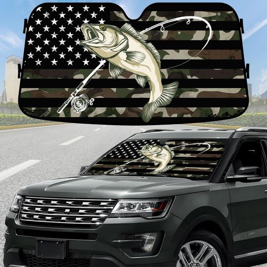 Fishing Lover Car Sunshade, Funny Fisherman Windshield Shade, Bass Fishing Car Accessory, Outdoor Sports Car Decor, Gift For Him
