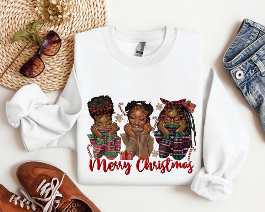 Discover Merry Christmas Black Women Sweatshirt, Afro Messy Bun Xmas T-Shirt, Melanin Christmas Shirt