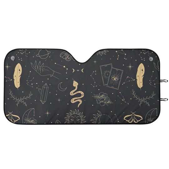 Discover Black Witchy Mystical Car Sunshade  Celestial Snake, Tarot Cards & Moon Design Occult Windshield Protector for Spiritual Drivers
