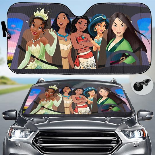 Discover Disney Princess 2025 Car Sunshade, Auto Car Sunshade, Tiana Mulan Jasmine Moana Pocahontas Windshield Cover, Magic Castle Car Accessory