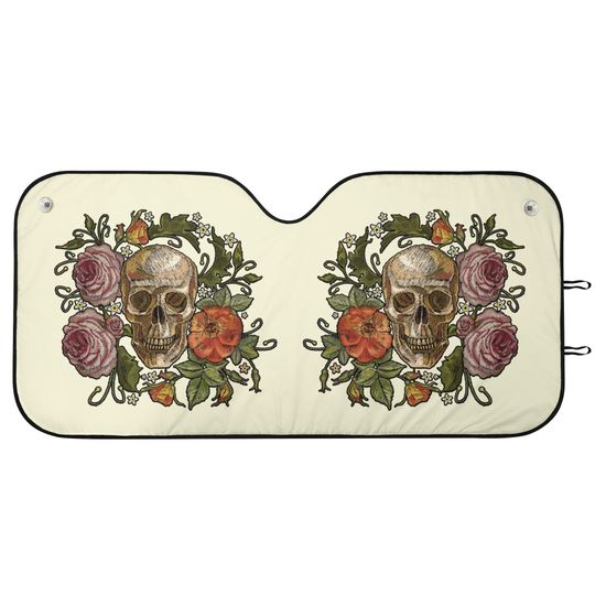 Discover Skull & Roses Windshield Sun Shade, Gothic Windshield Sunshade, Goth Sunshade for Car, Sun Visor for Car Windshield, Aesthetic Car Decor