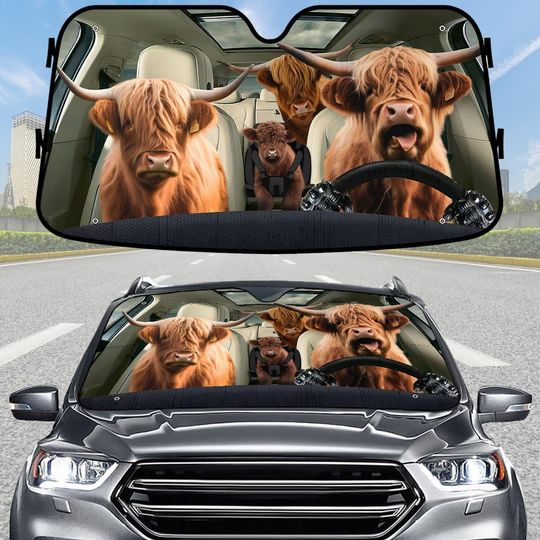 Highland Cow Car Sunshade, Cute Western Animal Windshield Cover, Country Farm Auto Decor, Rustic Boho Driver Cover, Buffalo Sunshade