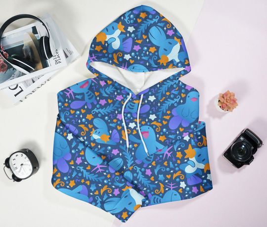 Wooper Quagsire Hoodie, Cute Blue Axolotl Hoodie, Floral Kawaii Unisex Hoodie