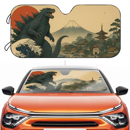 god zilla Vintage Windshield Sunshade, Japanese monster Auto Sun Shade, Cool Sunshade for Windshield, Mount Fuji & god zilla Car Accessory