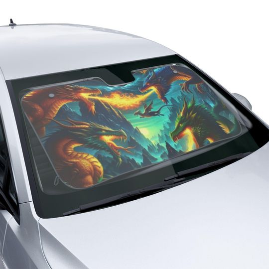 Dragons Car Sun Shades, Fire Breathing Dragon Auto Windshield Cover, Vehicle Sun Visor Protector, Fantasy Creature Window Shade, Mythical