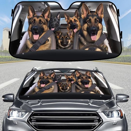 German Shepherd Family Car Sunshade, Cute Dog Windshield Cover, Pet Lover Car Visor, Dog Family Car Accessory Gift, Pet Lover Car Cover