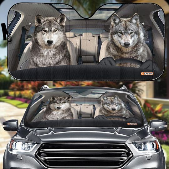 Discover Wolf Couple Driving Car Auto Sunshade, Wolf Lover Car Sunshades For Windshield, Protects From Sun Glare, Sunshade Gift For Animal Lover