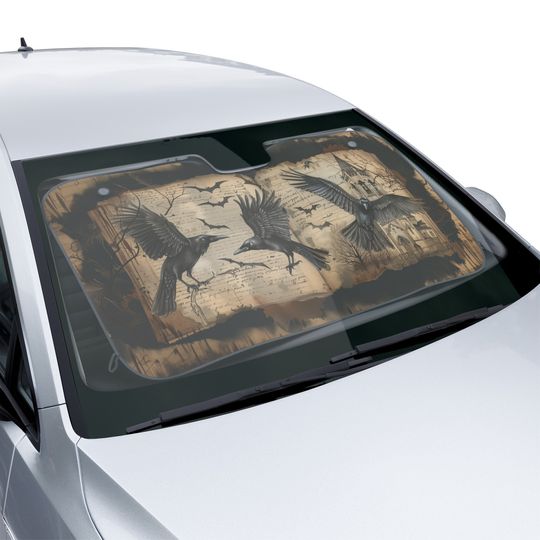 Discover Goth Ravens and Church Car Sunshade, Windshield Shade, Car Sun Cover, Car UV Protector, Windshield Sun Shade for Cars, Trucks, SUVs