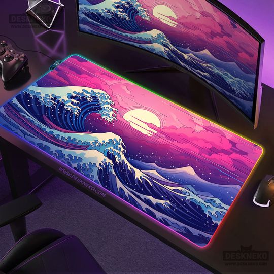 Discover Great Wave Mouse Pad LED: Large Desk Mat RGB, Neon Purple Japanese Anime Keyboard Deskmat keyboard matt xl, charging mousepad xxl, Vaporwave