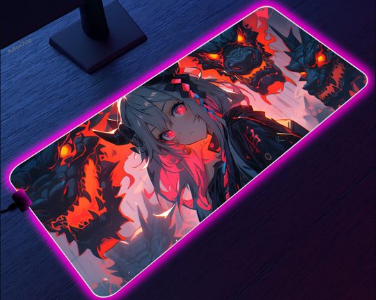 Dragon Anime girl LED Gaming Mousepad: Customizable RGB Lighting, Smooth Surface, Anti-Slip Base, high quality print, Elevate Your Gameplay!