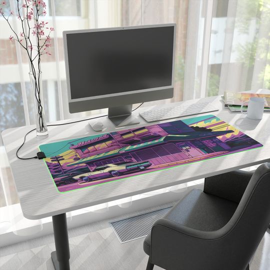 Discover Synthwave Tokyo Cafe LED Mousepad, Cool Anime Art Aesthetic RGB Desk Mat, Extra Large Gaming Mouse Pad