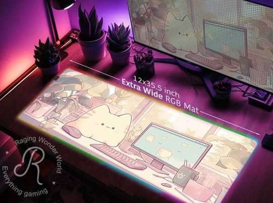 Chubby Cat Anime computer desk XXL Pastel desk mat RGB, Cute Lofi art Gaming LED mouse pad, Kawaii aesthetic silicone mousepad gift for teen