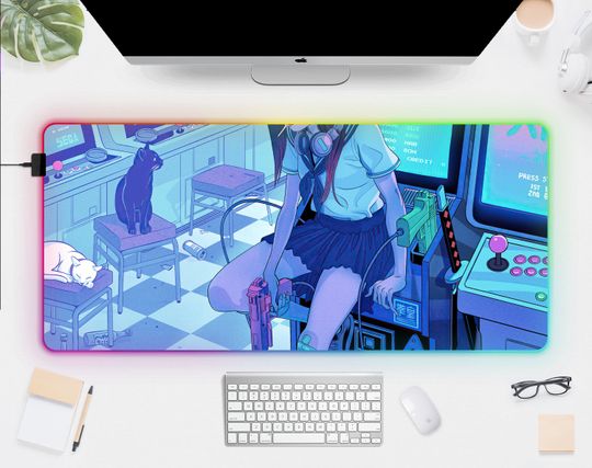 Discover Lo fi Anime Desk Mat led rgb Mousepad, Neon vaporwave cyberpunk cat girl aesthetic lofi gaming deskmat xxl large , blue cyan small mouse pad