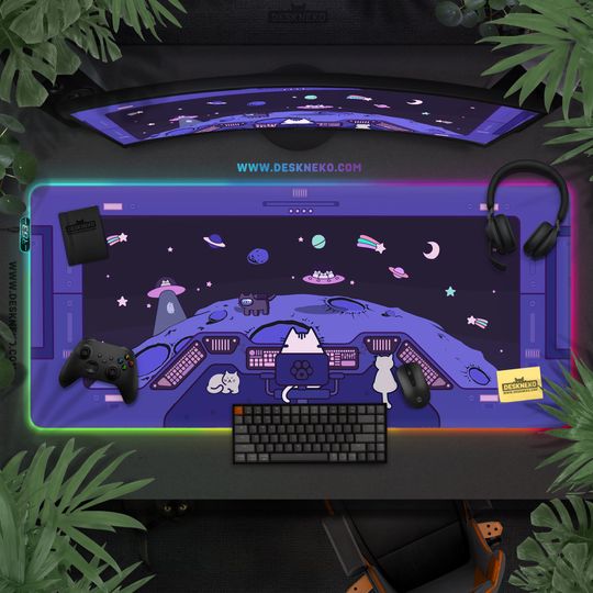 Discover Led Mousepad Gaming, Space Cat Desk Mat, Cute Purple Anime Aesthetic, Extended Keyboard Deskmat RGB wireless charging, Kawaii accessory gift