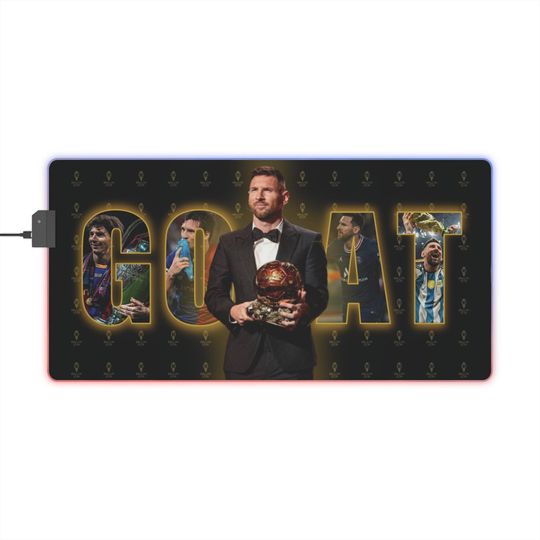 Discover Messi GOAT RGB LED Gaming Mouse Pad, Light-up Mousepad, Lionel Messi Design, World Champion and Multiple Ballon d'Or Winner, Perfect Gift