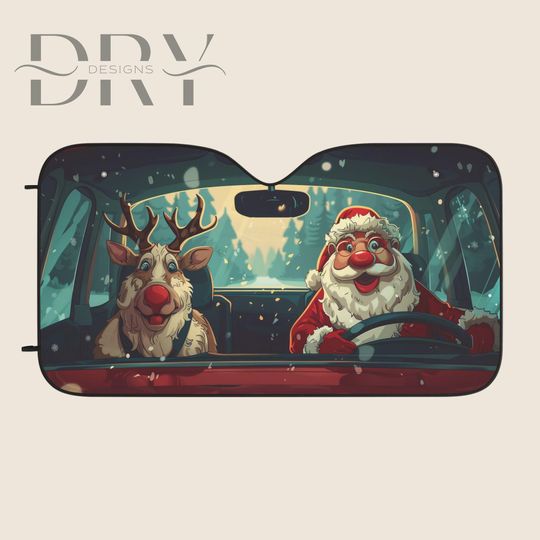 Santa and Reindeer Car Sun Shade, Windscreen UV protection, Funny Xmas Auto Windshield Visor, Christmas Car Gift for RV Sedan SUV Truck