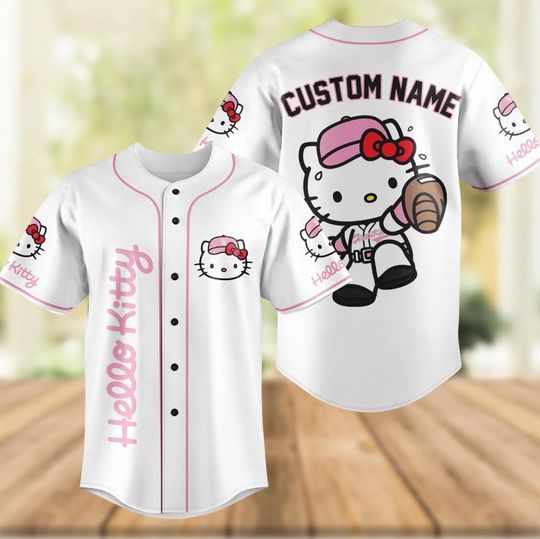 Custom Hello Kitty Baseball Jersey, Kitty Cat Jersey, Cute Cat Cartoon Baseball Shirt